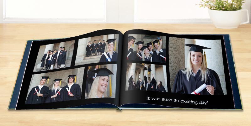 Personalized graduation photo album with photo memories from school and graduation