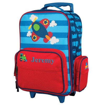 Kids Rolling Luggage with Embroiderd name and Planes and Trains artwork