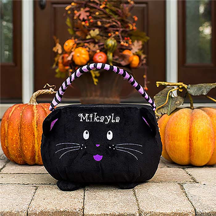 Add your childs name to a trick-or-treat black cat bag for Halloween