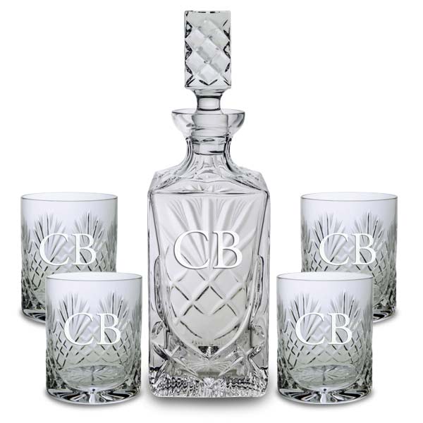 Engraved five piece spirits drinking set with crystal decanter and 4 crystal glasses