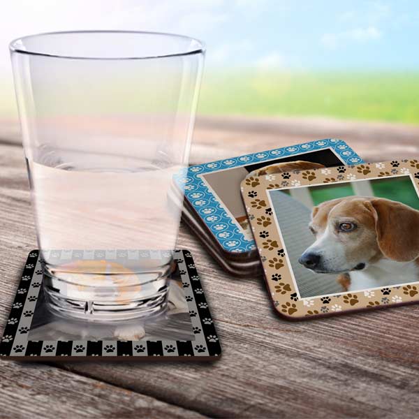 A cute way to show off pictures of your pet is with custom drink coasters, each with a different photo