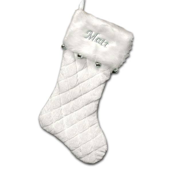 Personalize an ivory stocking with bells by adding our embroidered name