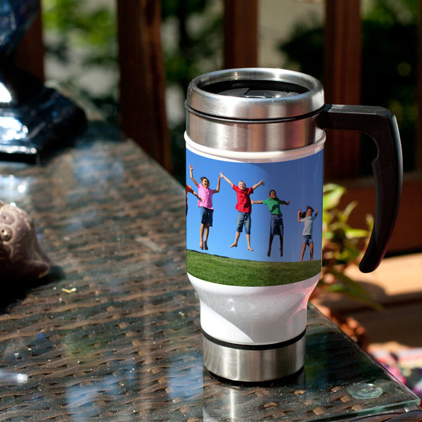 Show off your photos on the go with a personalized photo travel mug.
