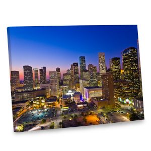 Make a decor statement with our flashy canvas print depicting the Houston skyline.