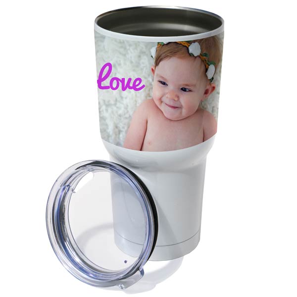 Brighten up your morning commute with a custom double walled travel tumbler photo gift