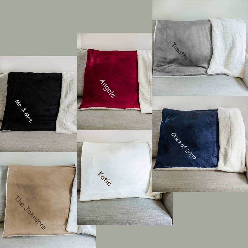 Embroidered sherpa blanket throws available in different colors